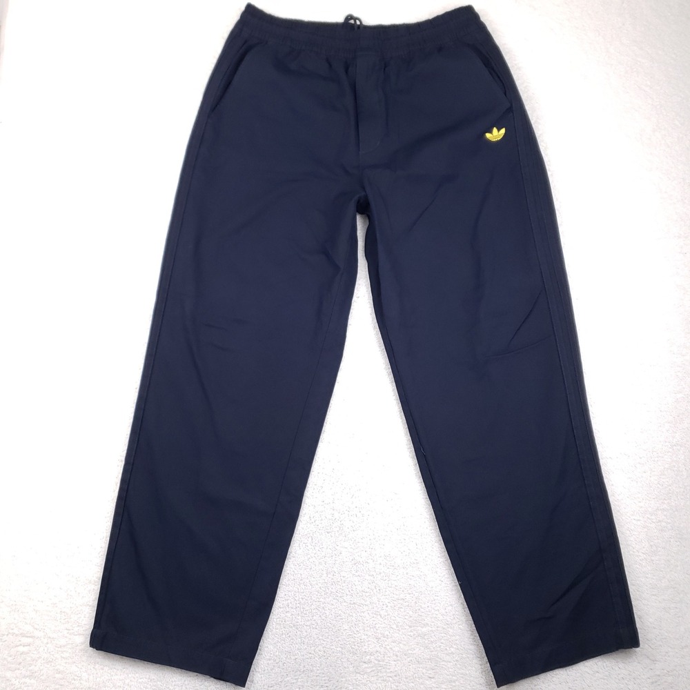 Adidas Originals Navy Blue Track Pants Yellow Trefoil Logo Mens M Athleisure